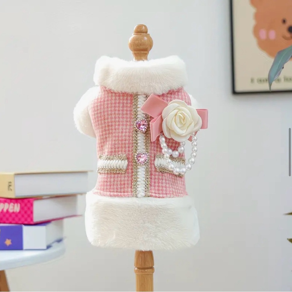 Elegant Pink Dog or Cat Fancy Jacket Coat Dress Outfit with Pearls and Faux Fur - Picture 5 of 15